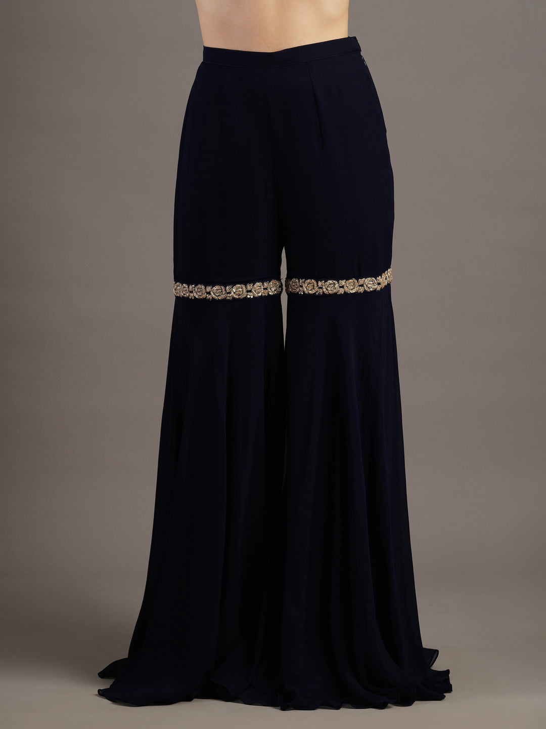 Navy Georgette Rose Embroidered Kurti And Sharara Set With Dupatta