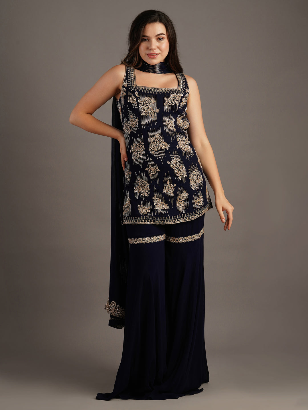 Navy Georgette Rose Embroidered Kurti And Sharara Set With Dupatta