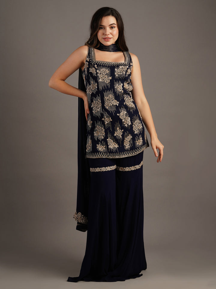 Navy Georgette Rose Embroidered Kurti And Sharara Set With Dupatta