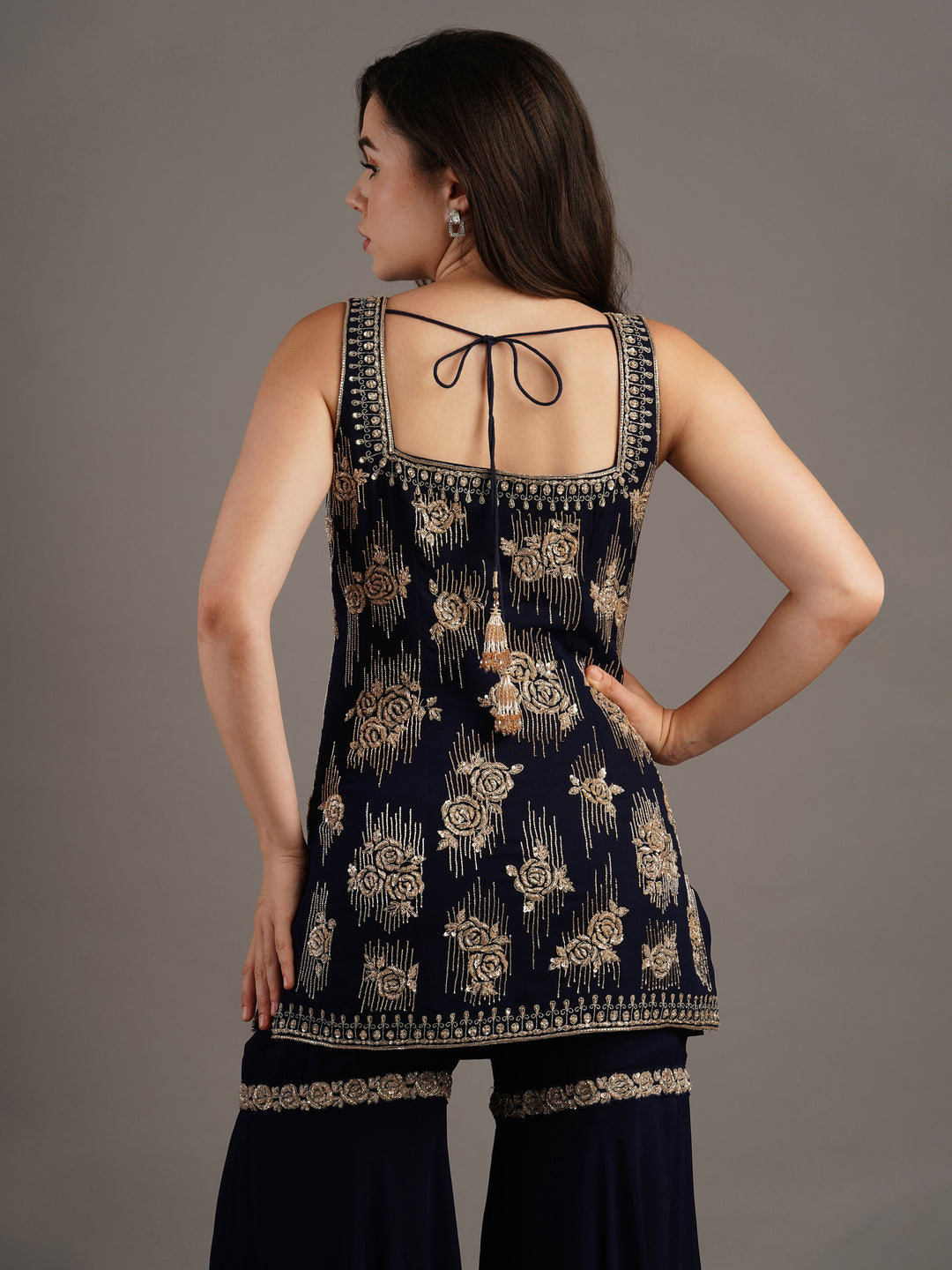 Navy Georgette Rose Embroidered Kurti And Sharara Set With Dupatta