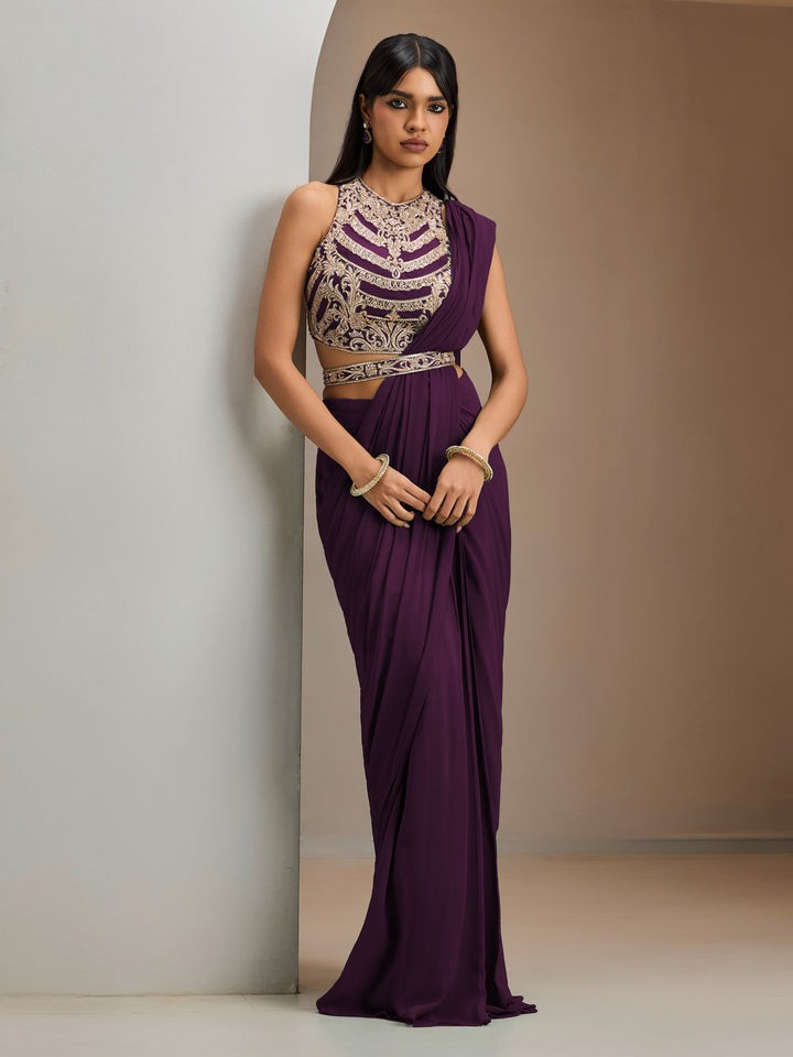 Wine blouse with pre-stitched drape saree