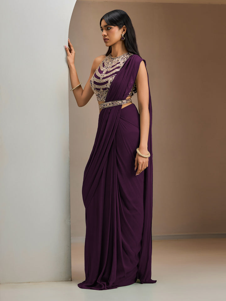 Wine blouse with pre-stitched drape saree