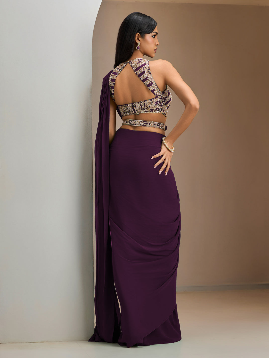 Wine blouse with pre-stitched drape saree