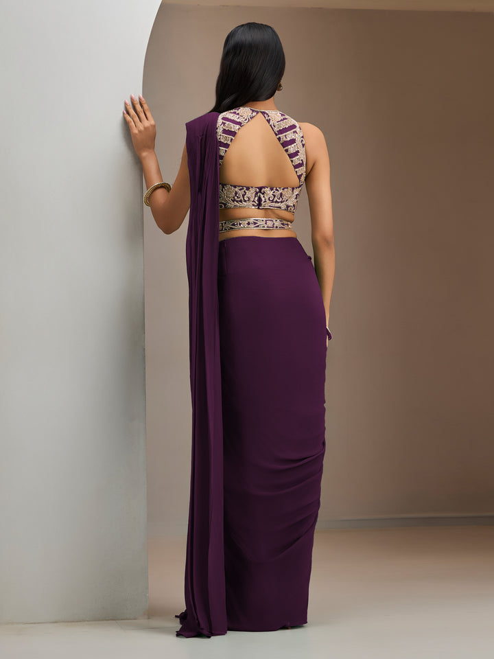 Wine blouse with pre-stitched drape saree
