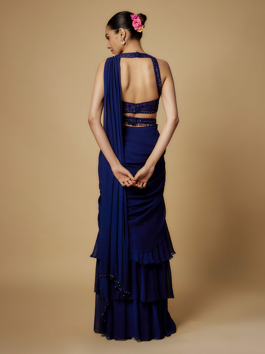Navy Net Embroidered Blouse with Draped Saree and Belt