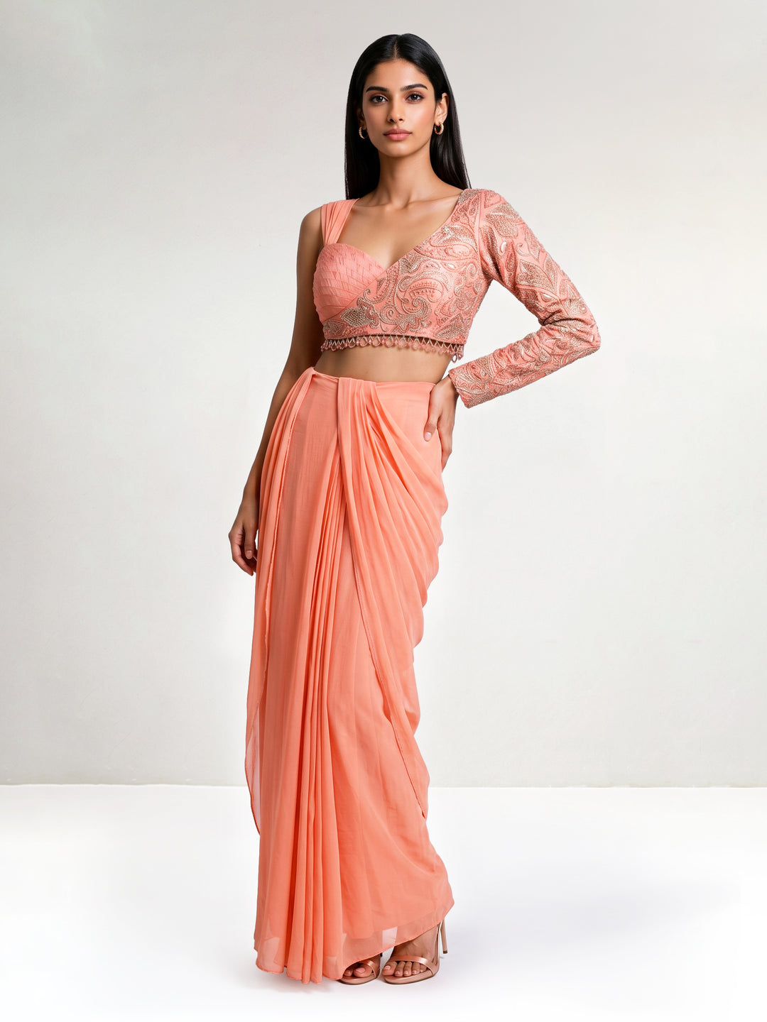 Coral Peach Asymmetric Embroidered Blouse with Georgette Draped Saree