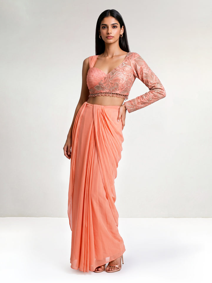 Coral Peach Asymmetric Embroidered Blouse with Georgette Draped Saree