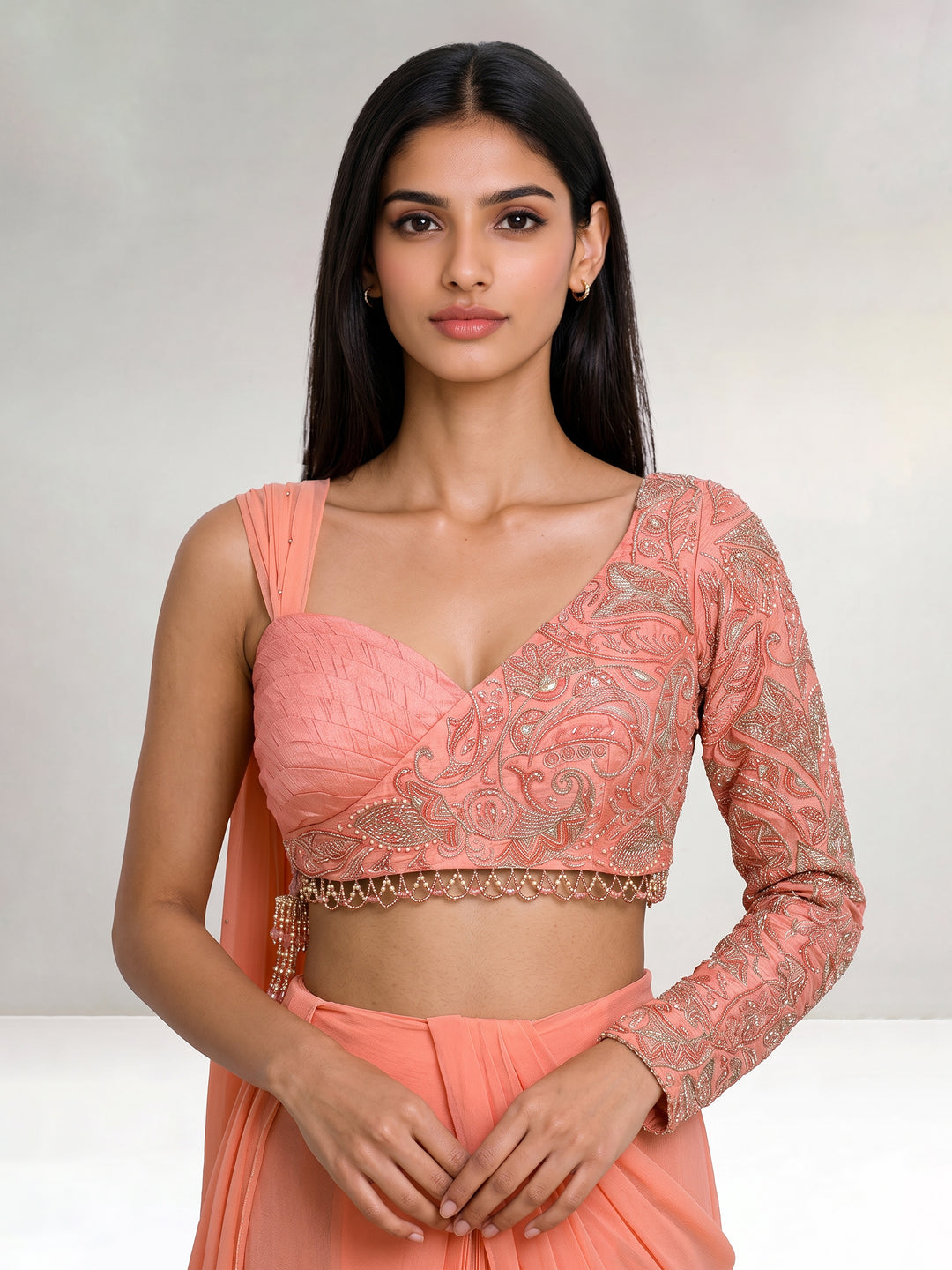Coral Peach Asymmetric Embroidered Blouse with Georgette Draped Saree