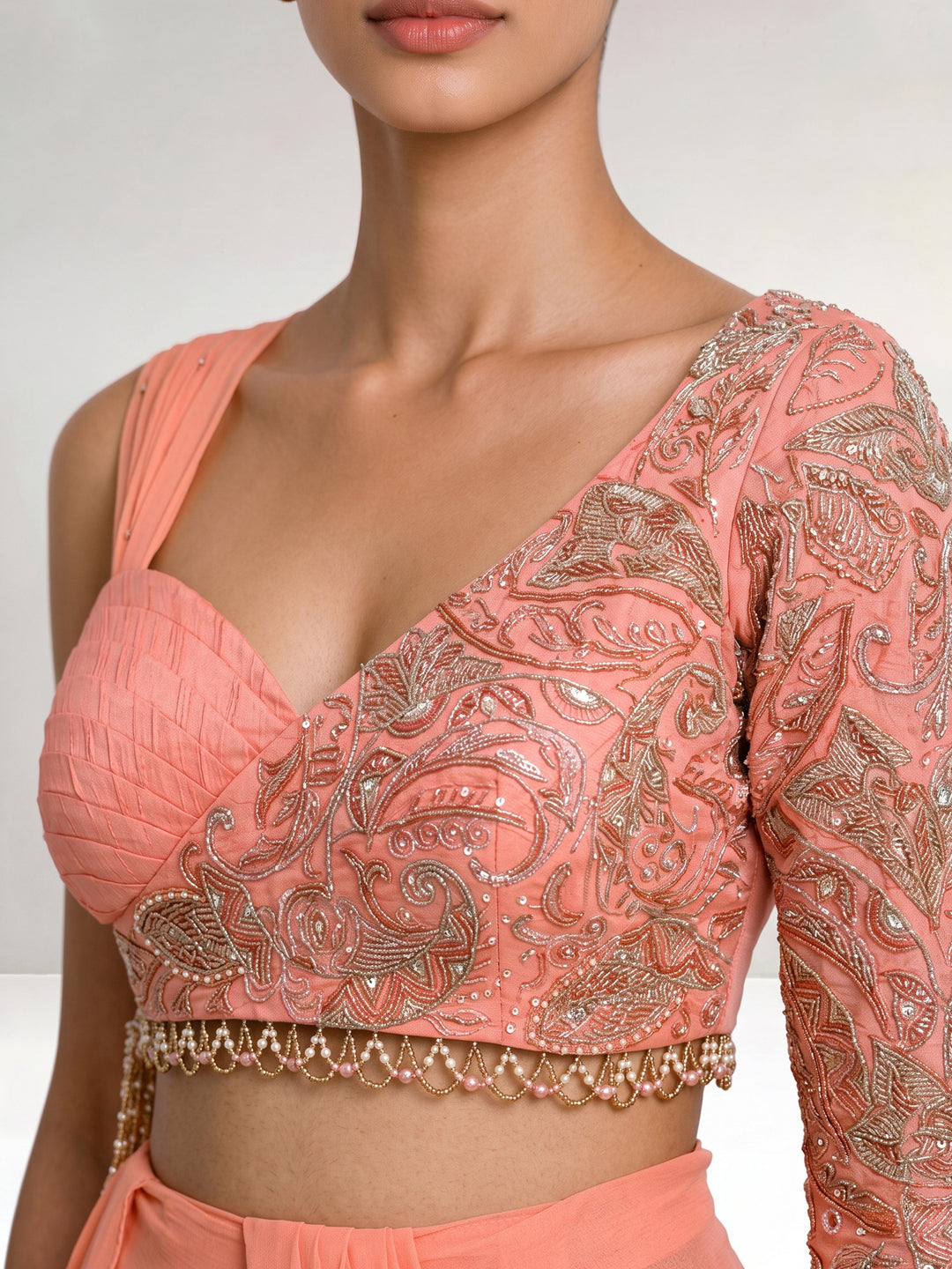 Coral Peach Asymmetric Embroidered Blouse with Georgette Draped Saree