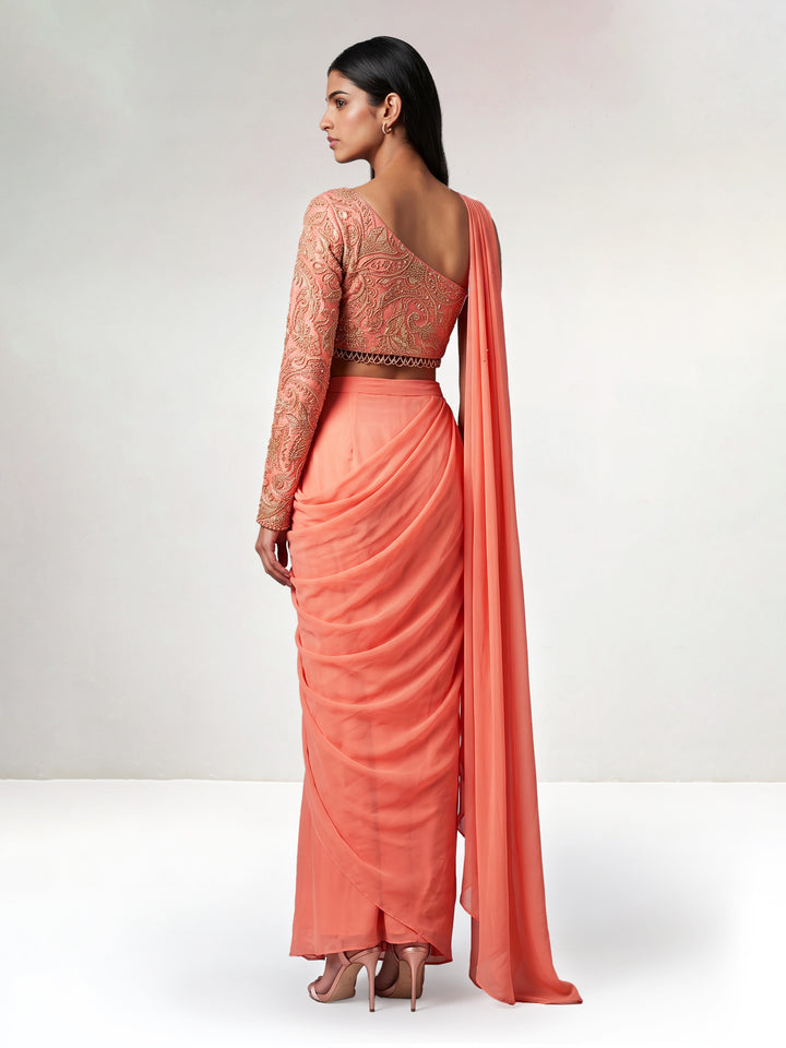 Coral Peach Asymmetric Embroidered Blouse with Georgette Draped Saree