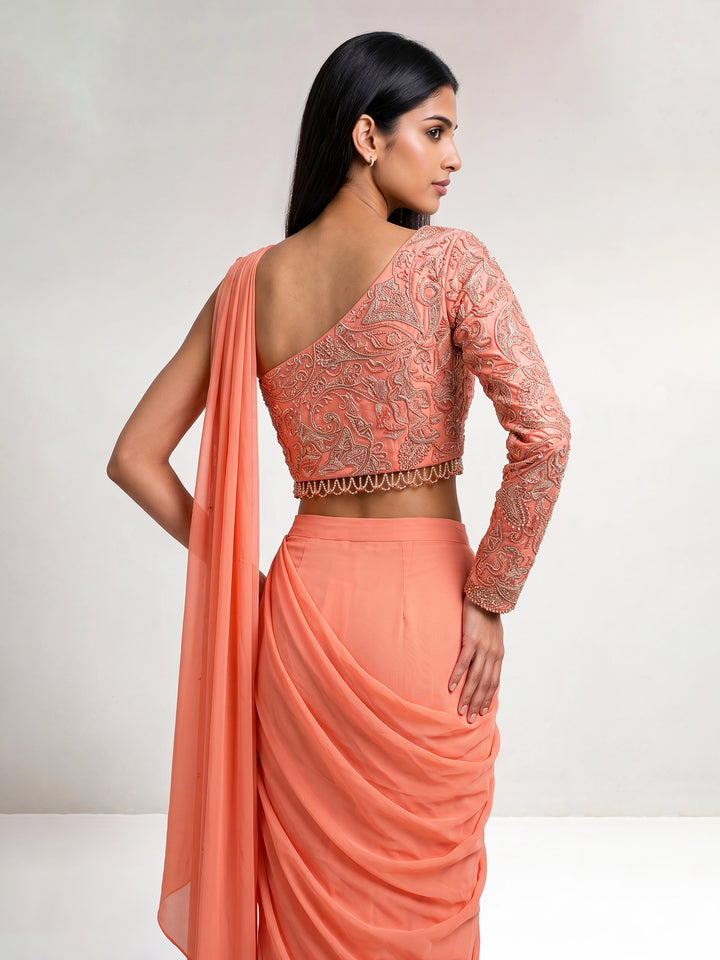 Coral Peach Asymmetric Embroidered Blouse with Georgette Draped Saree