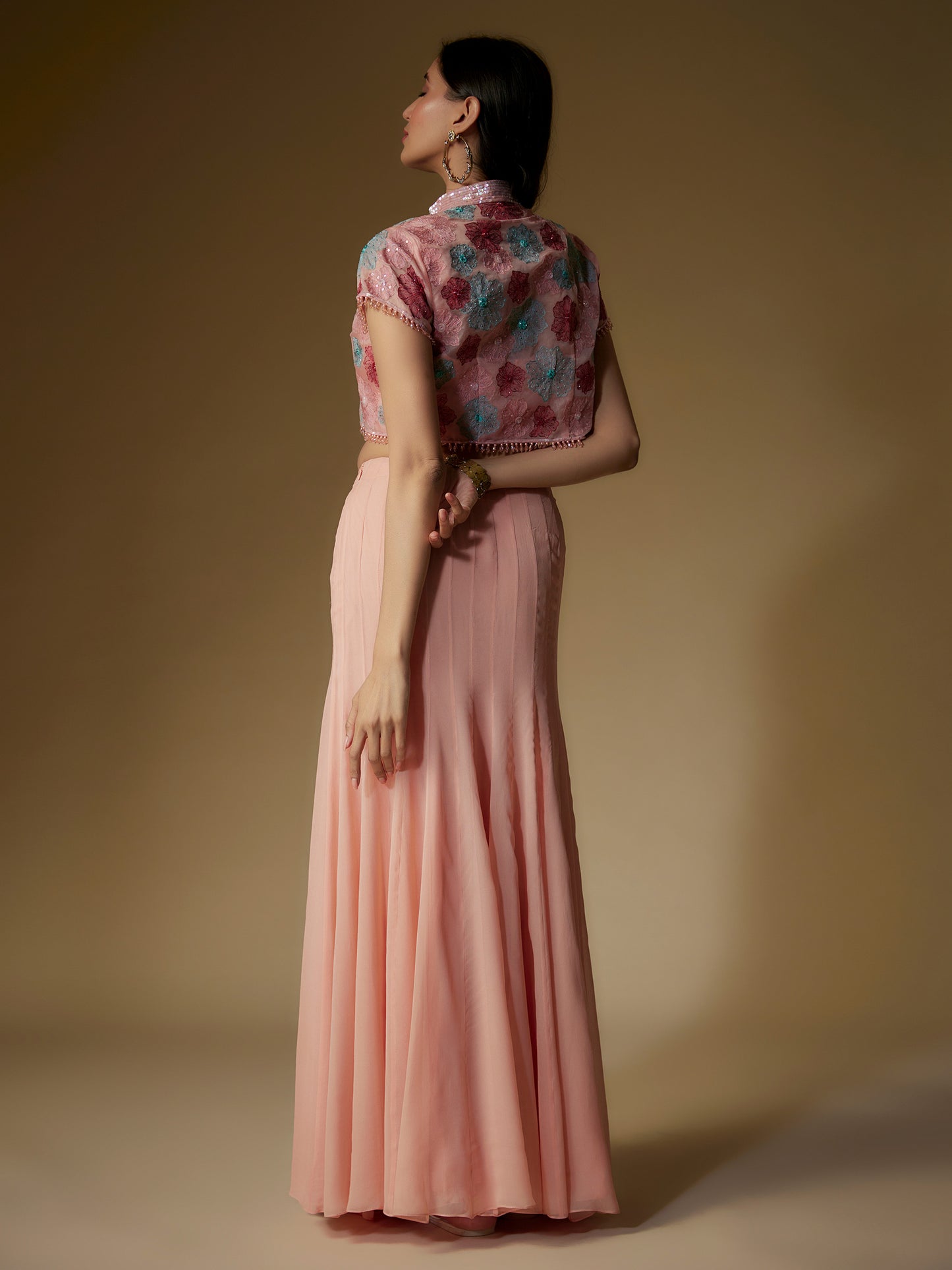 Peach Organza Embroidered Jacket and Skirt Set