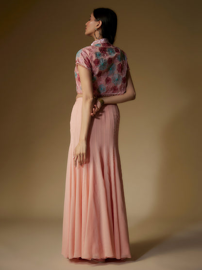 Peach Organza Embroidered Jacket and Skirt Set