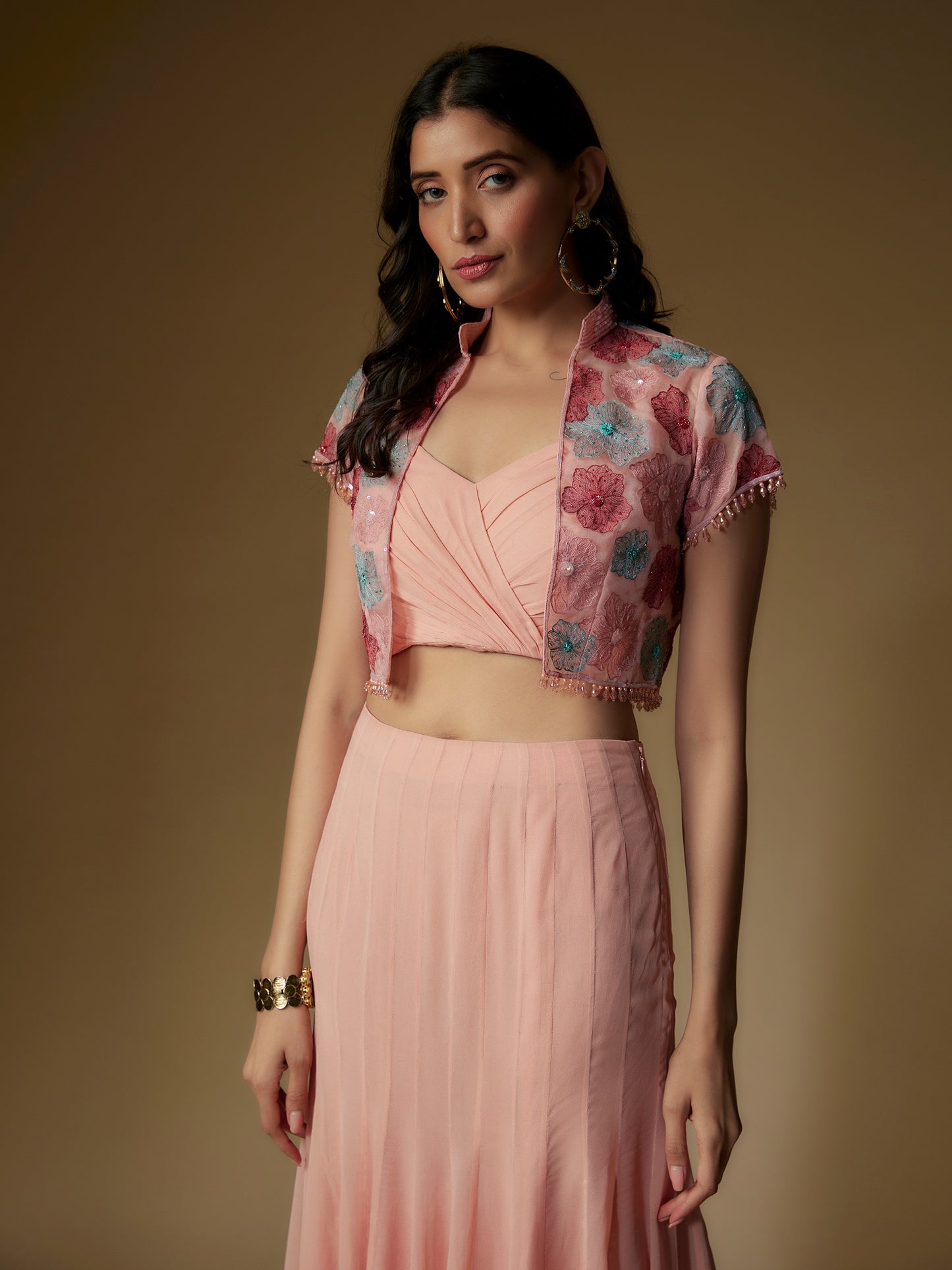 Peach Organza Embroidered Jacket and Skirt Set
