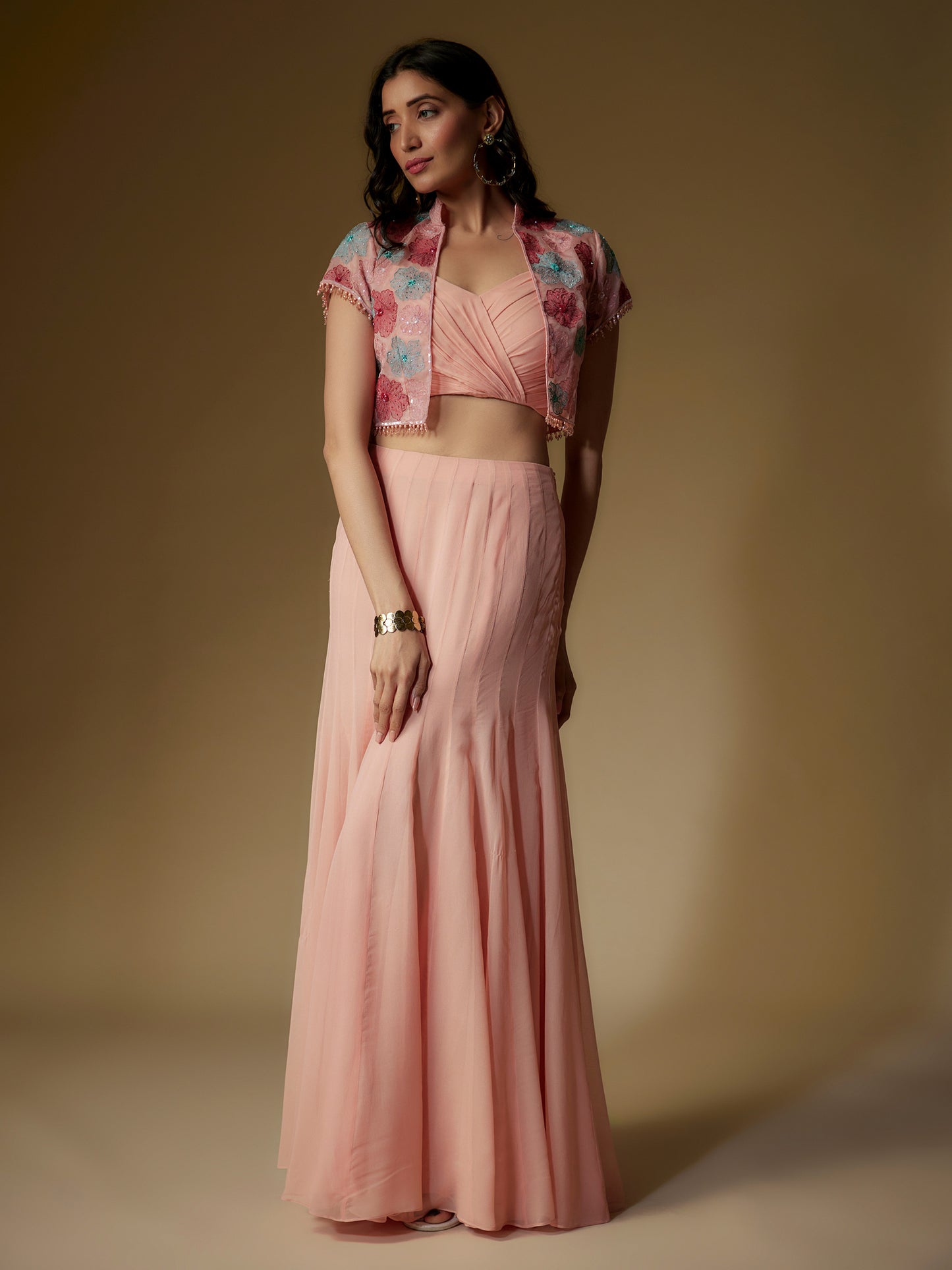 Peach Organza Embroidered Jacket and Skirt Set