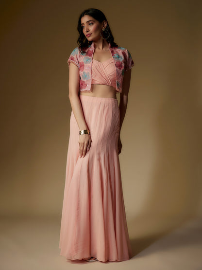 Peach Organza Embroidered Jacket and Skirt Set