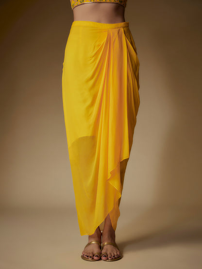 Yellow Georgette Embroidered Draped Skirt Set with Cape