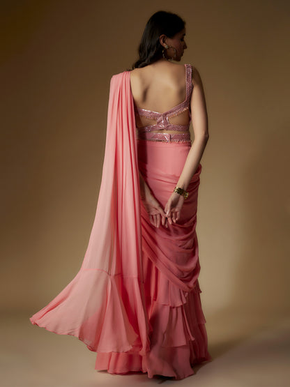 Old Rose Georgette Embroidered Draped Saree and Blouse Set