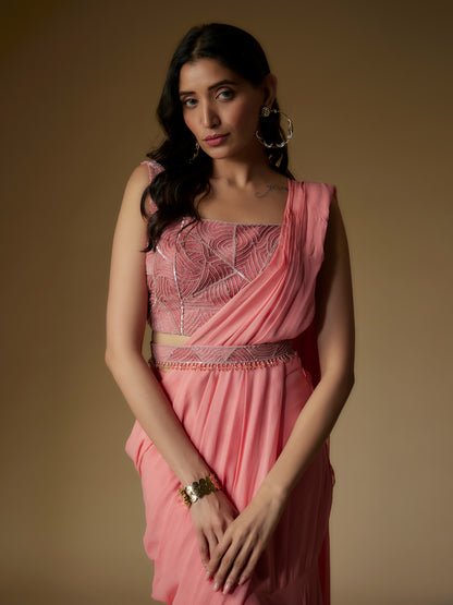 Old Rose Georgette Embroidered Draped Saree and Blouse Set