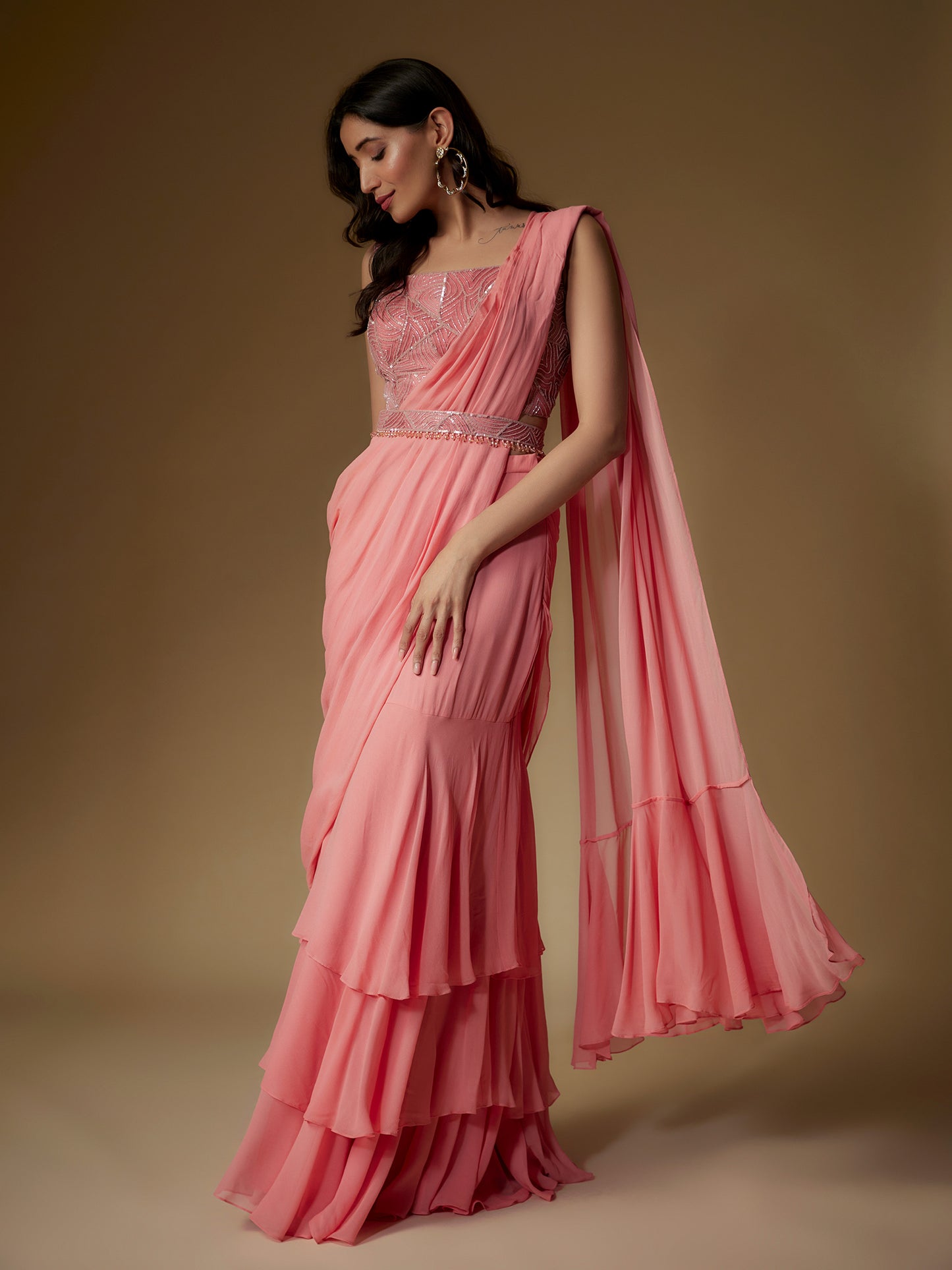 Old Rose Georgette Embroidered Draped Saree and Blouse Set