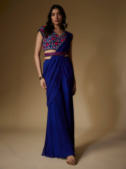 Navy Blue Georgette Embroidered Draped Sharara and Blouse Set with Detachable Belt