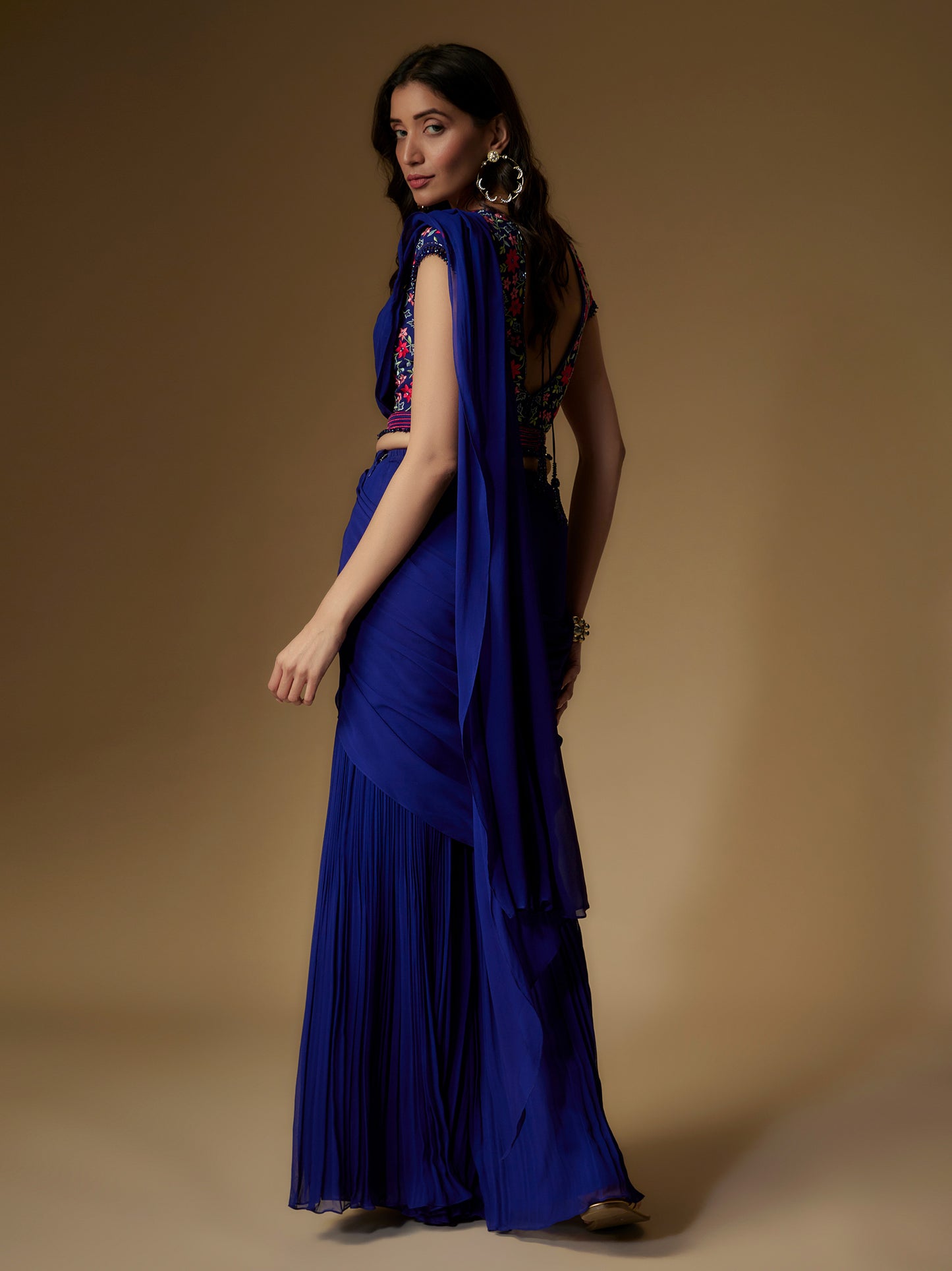 Navy Blue Georgette Embroidered Draped Sharara and Blouse Set with Detachable Belt