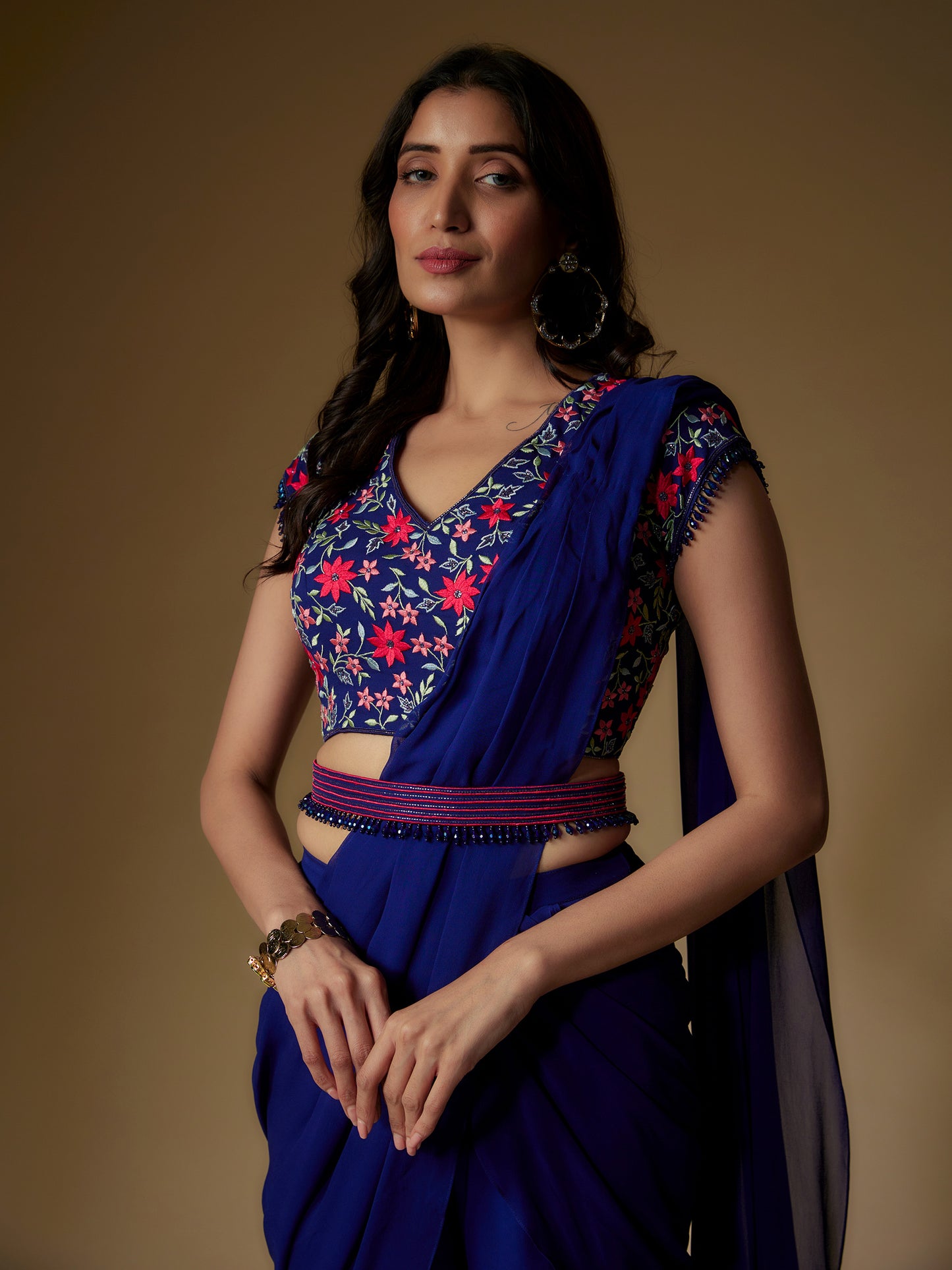 Navy Blue Georgette Embroidered Draped Sharara and Blouse Set with Detachable Belt