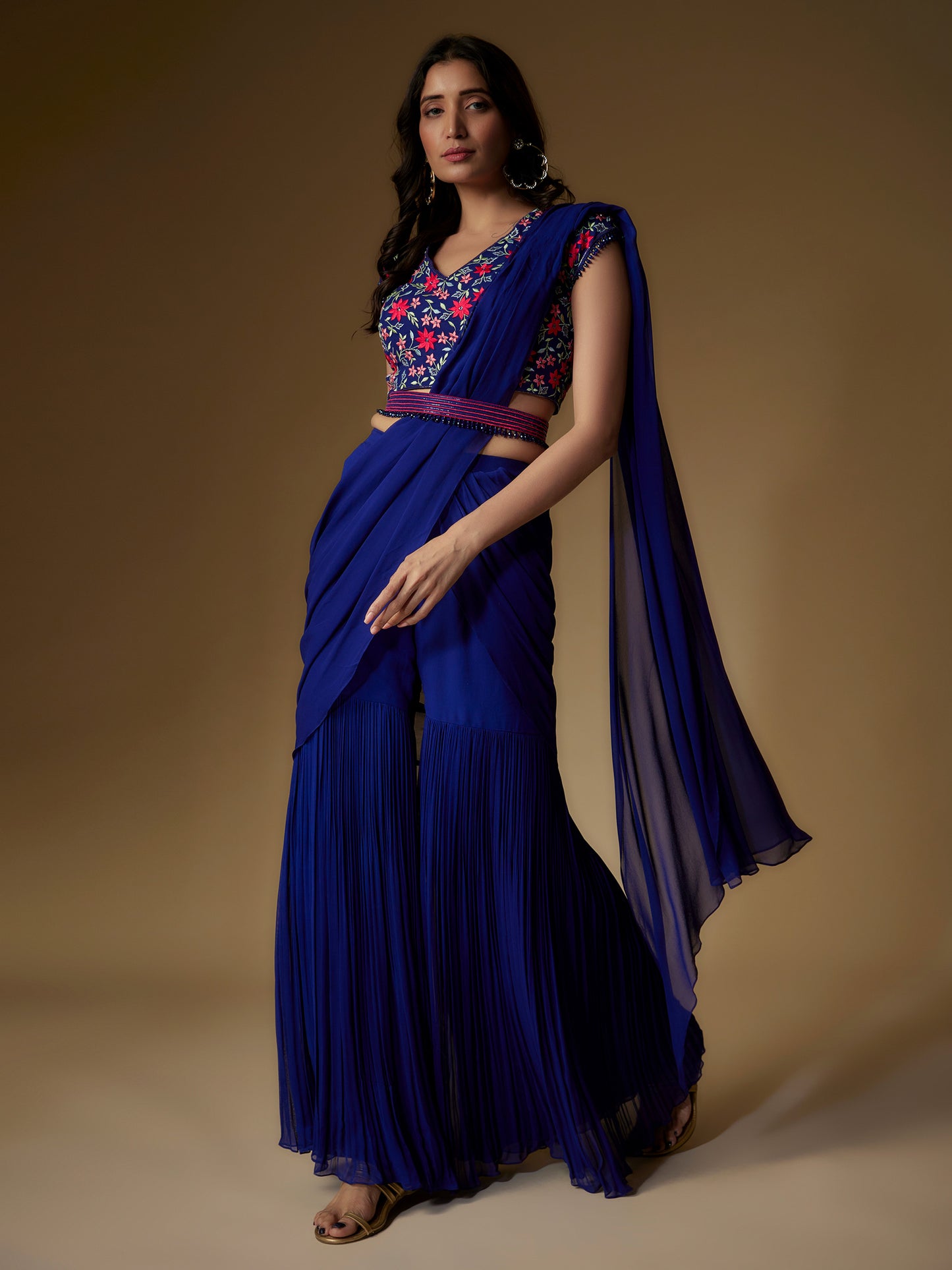 Navy Blue Georgette Embroidered Draped Sharara and Blouse Set with Detachable Belt