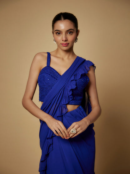 Electric Blue Georgette Draped Saree with Mirror Work Blouse
