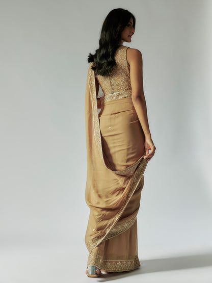 Antique Gold Georgette Embroidered Saree