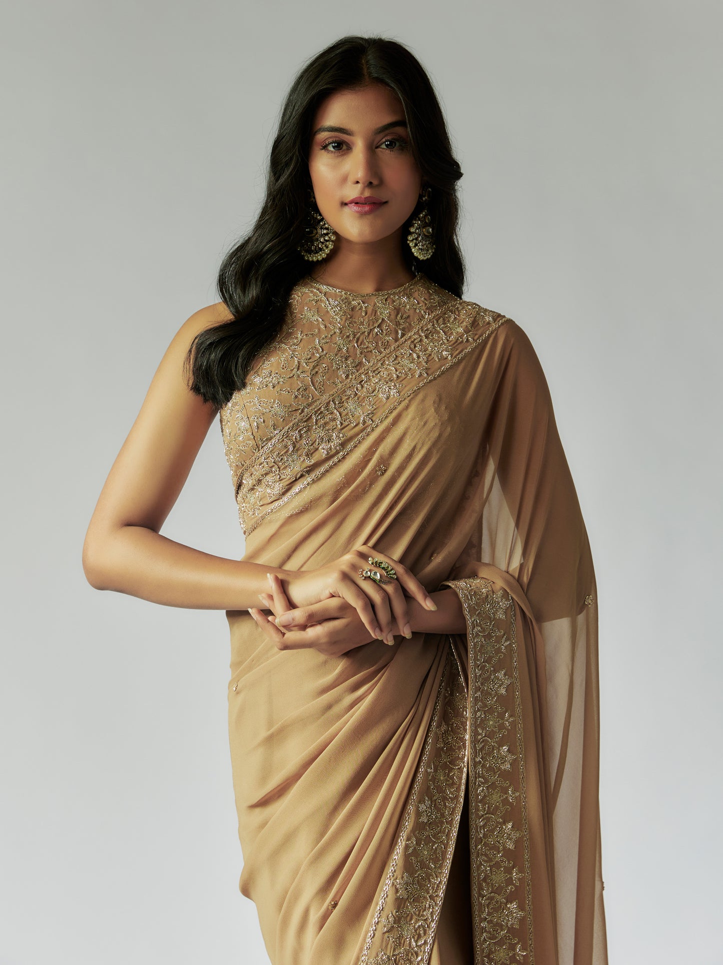 Antique Gold Georgette Embroidered Saree