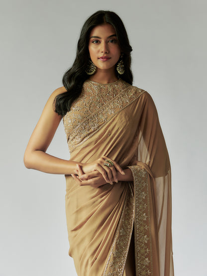 Antique Gold Georgette Embroidered Saree