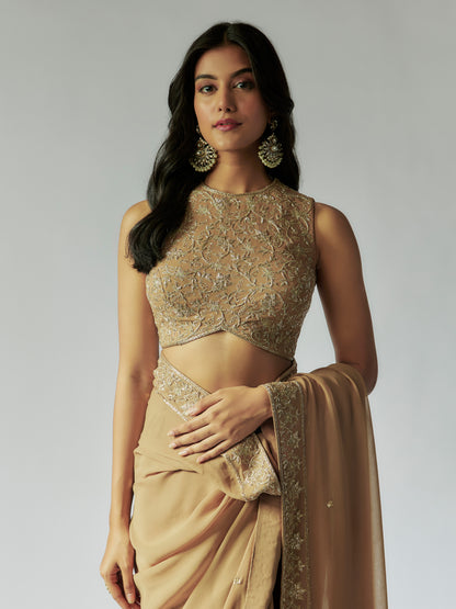 Antique Gold Georgette Embroidered Saree