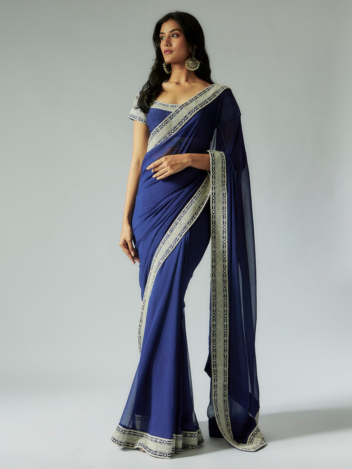 Navy Blue Georgette Saree with Ivory work