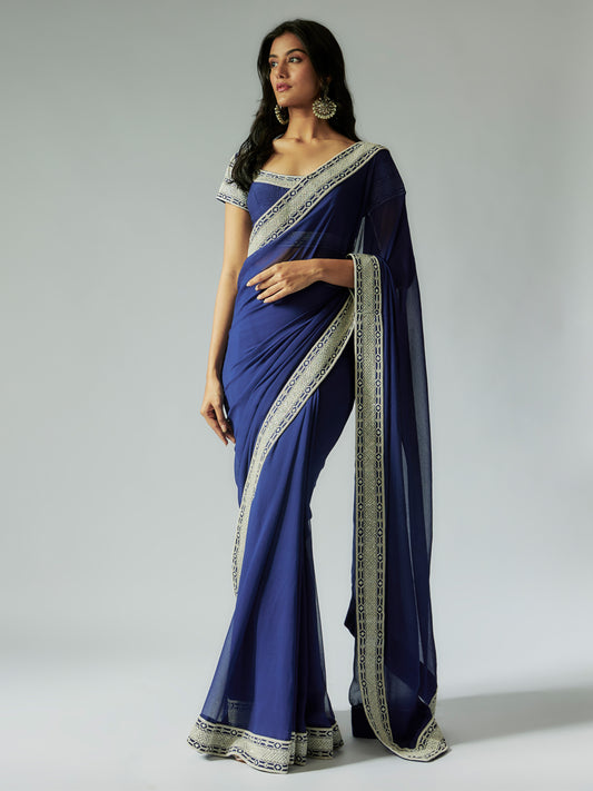 Navy Blue Georgette Saree with Ivory work