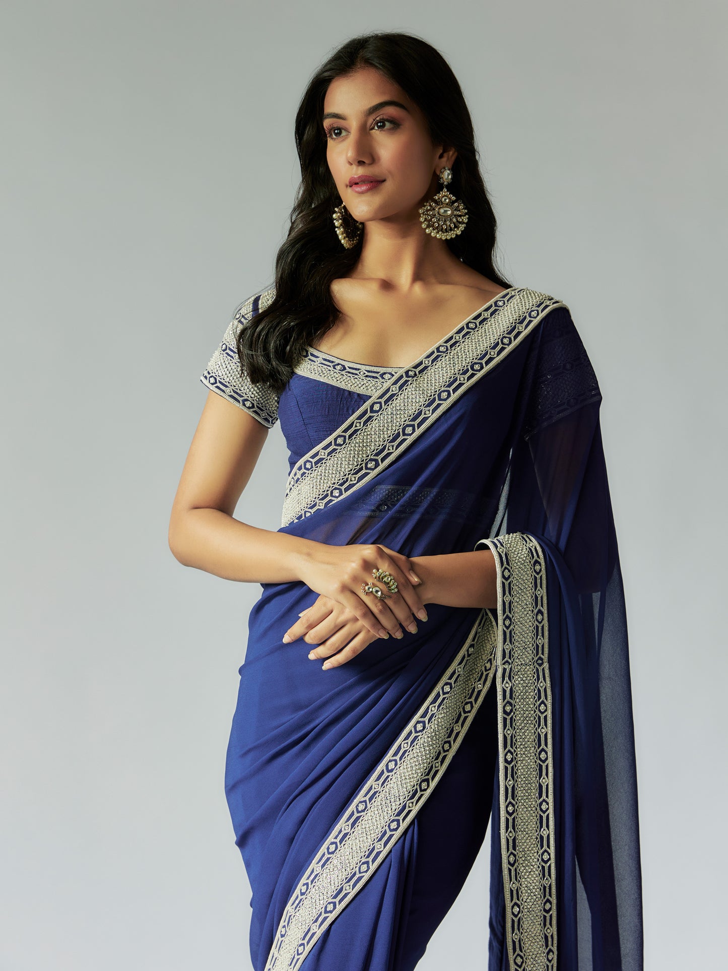 Navy Blue Georgette Saree with Ivory work