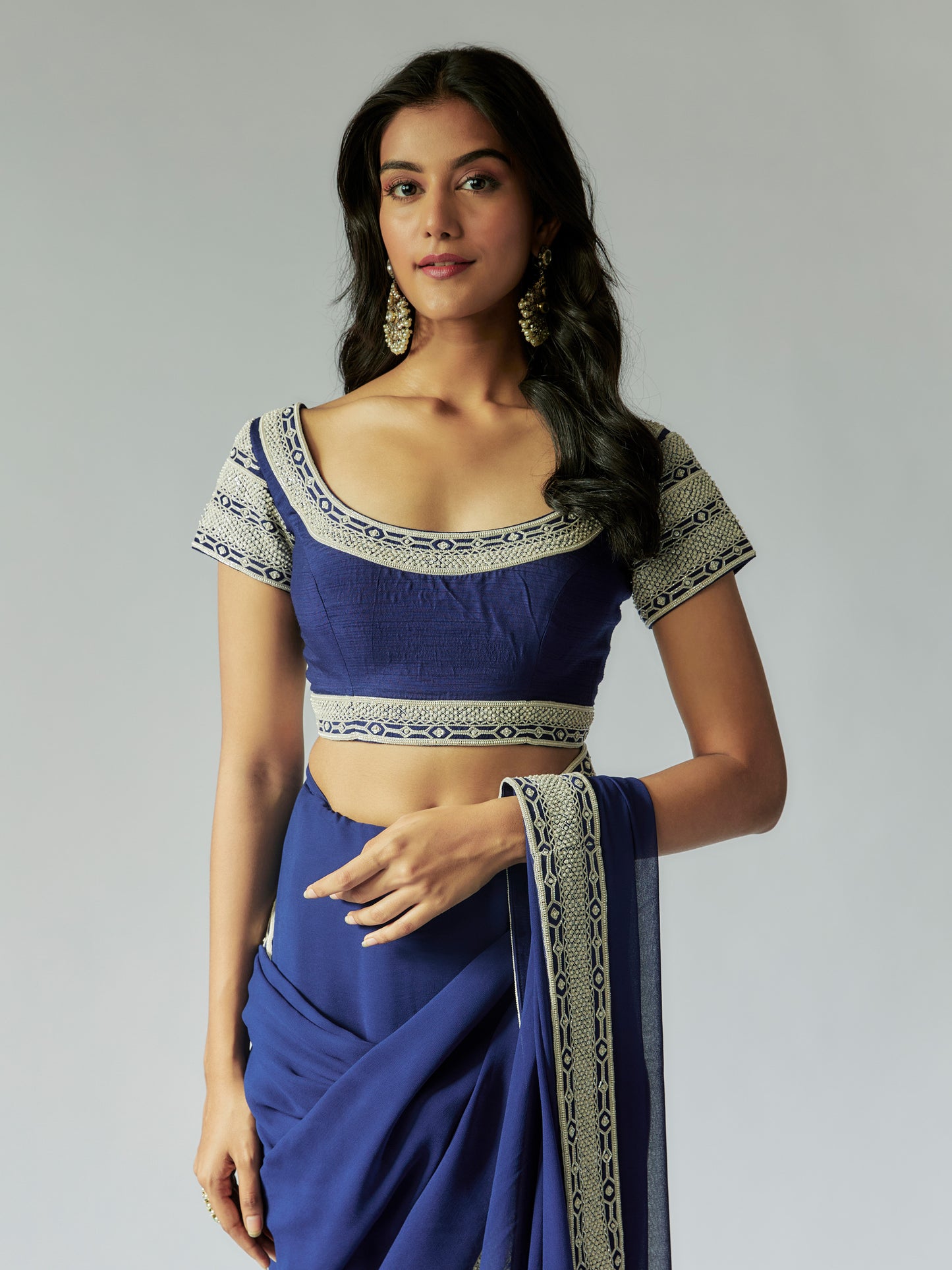 Navy Blue Georgette Saree with Ivory work