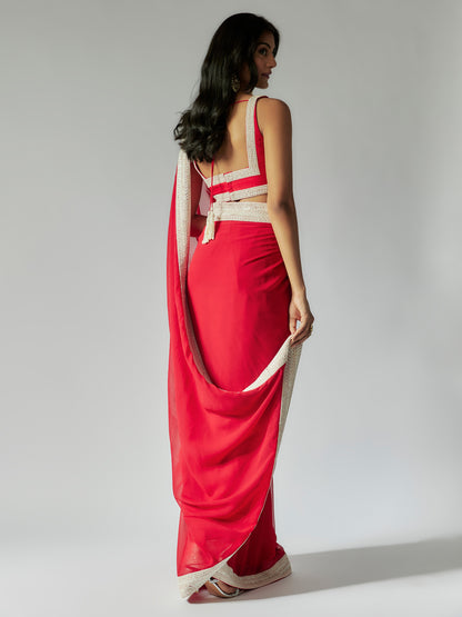 Red Georgette Saree with Ivory Border