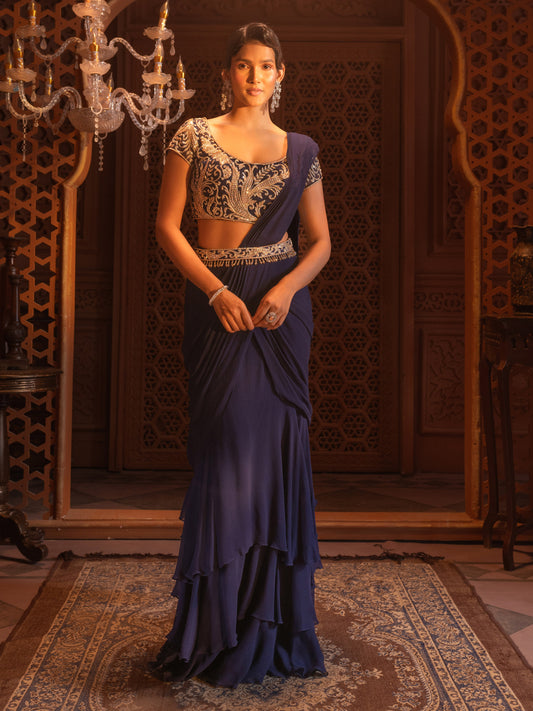 Navy Embroidered Drape Saree Set