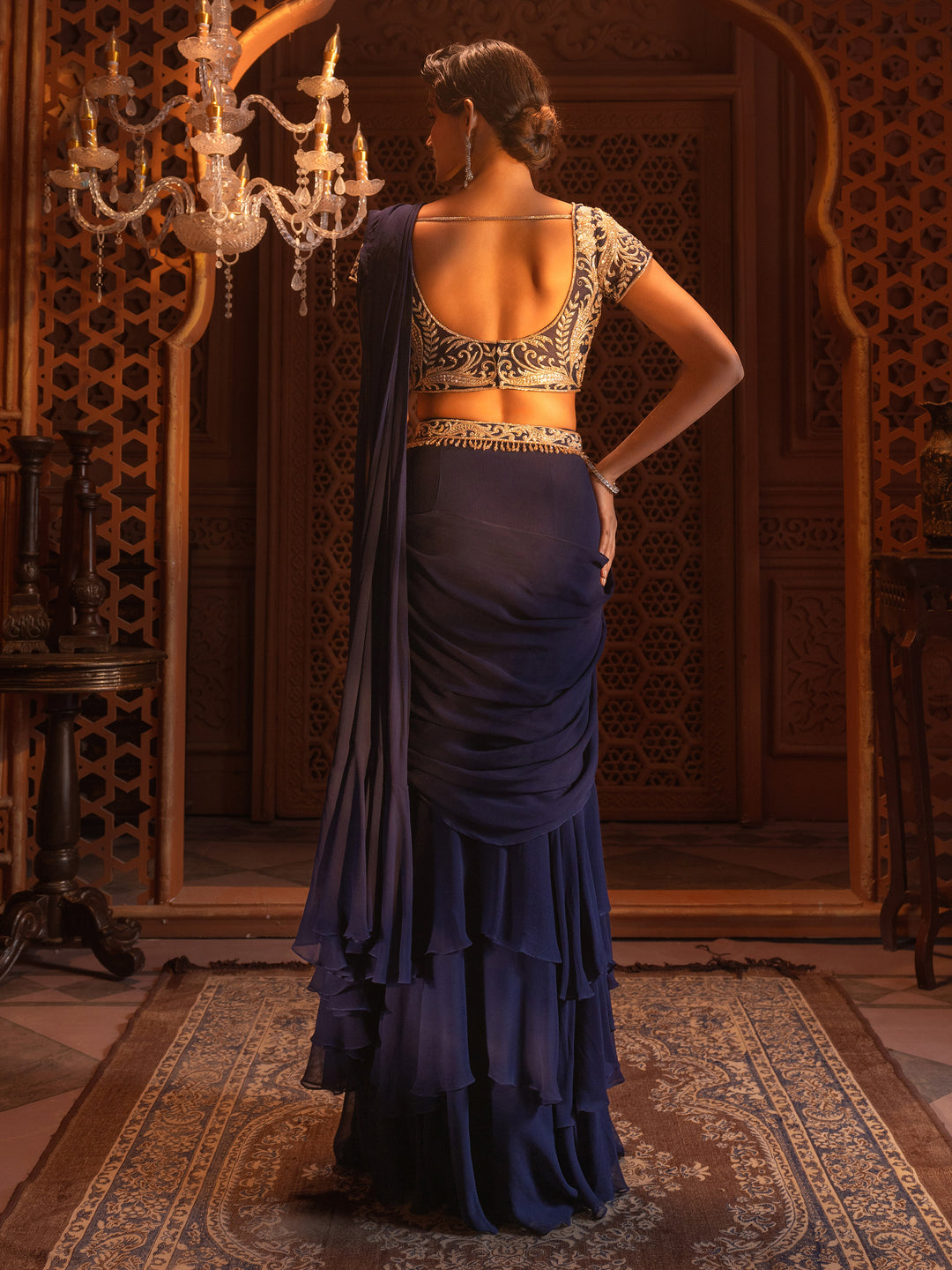 Navy Embroidered Drape Saree Set