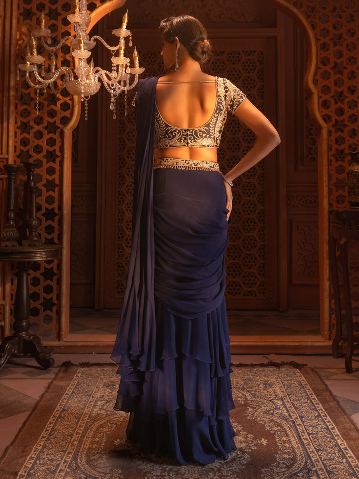 Navy Embroidered Drape Saree Set