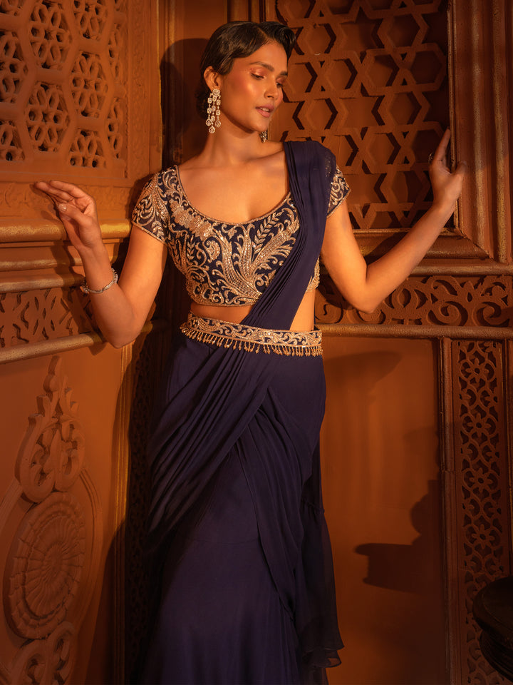 Navy Embroidered Drape Saree Set