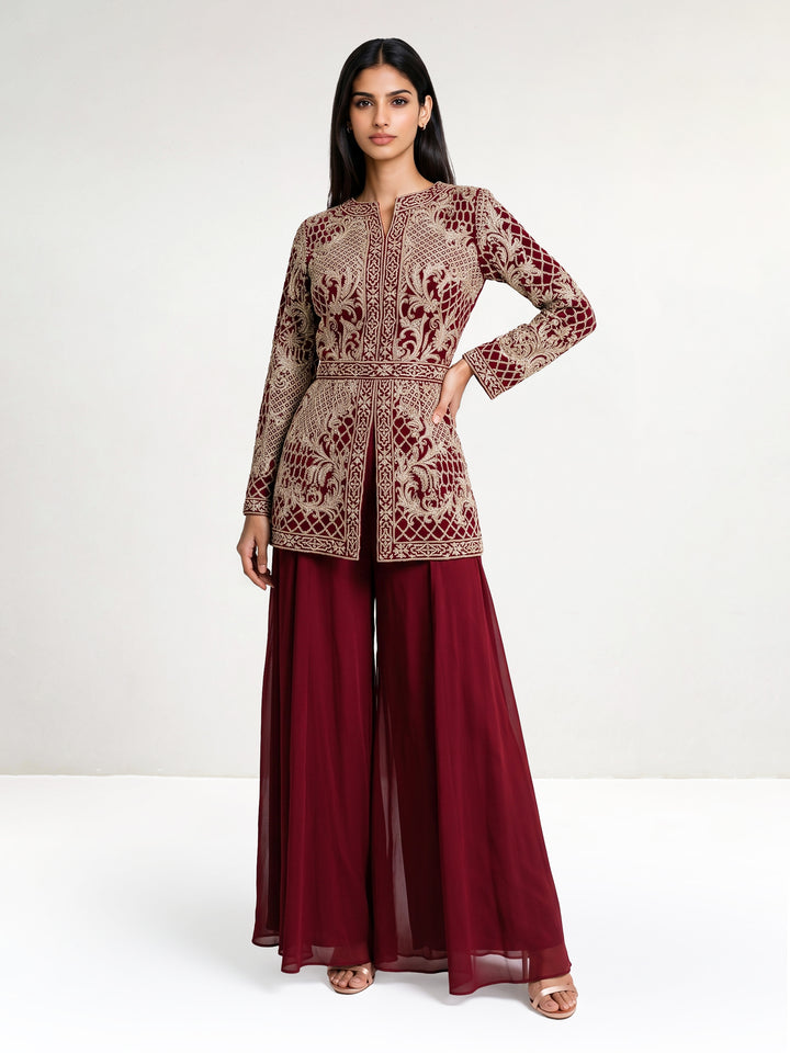 Alamkara Red Hand Embroidered Jacket Set with belt