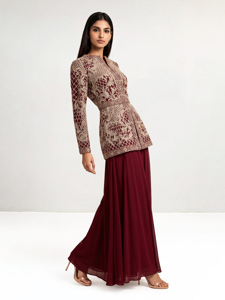 Alamkara Red Hand Embroidered Jacket Set with belt