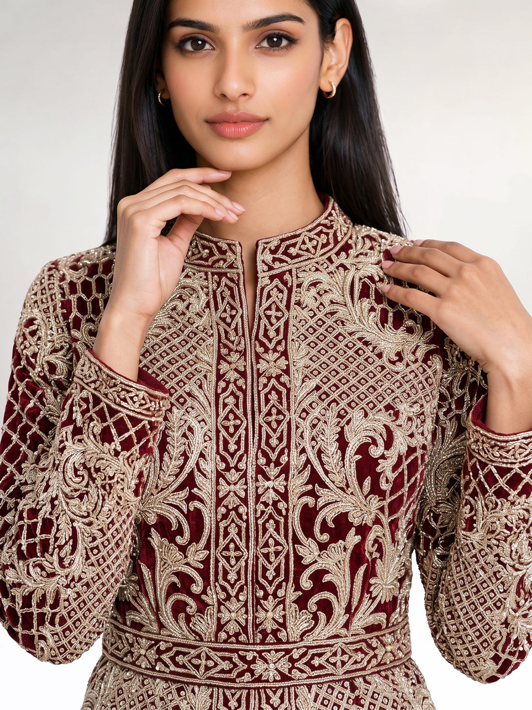 Alamkara Red Hand Embroidered Jacket Set with belt