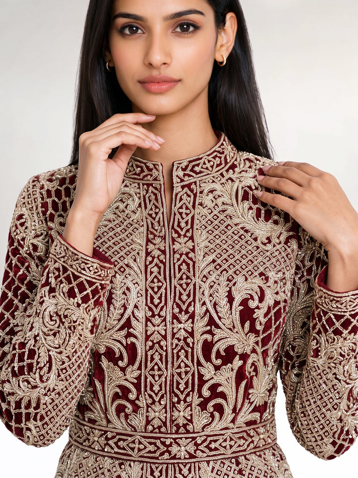 Alamkara Red Hand Embroidered Jacket Set with belt