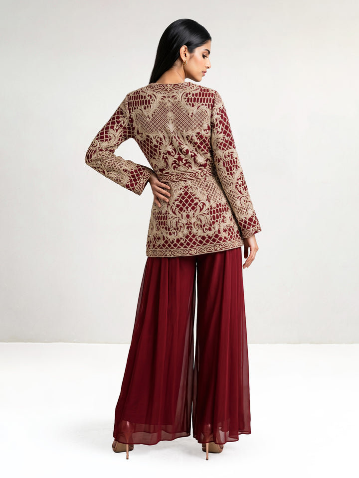 Alamkara Red Hand Embroidered Jacket Set with belt