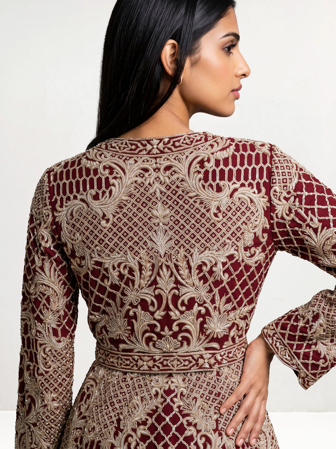 Alamkara Red Hand Embroidered Jacket Set with belt