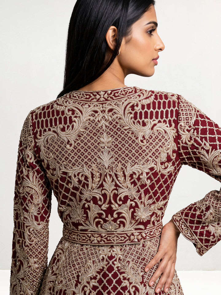 Alamkara Red Hand Embroidered Jacket Set with belt