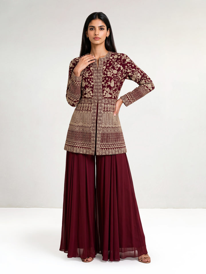 Maroon Hand Embroidered Jacket Set